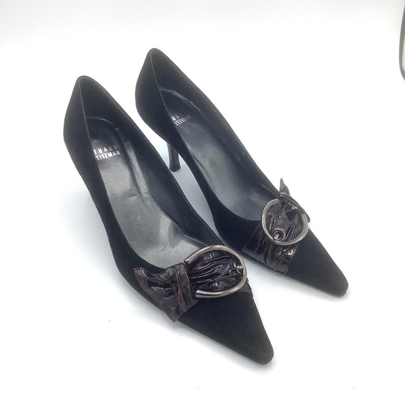 Stuart Weitzman Black Pointed Toe Buckle Suede Heels 7 - Picture 6 of 16